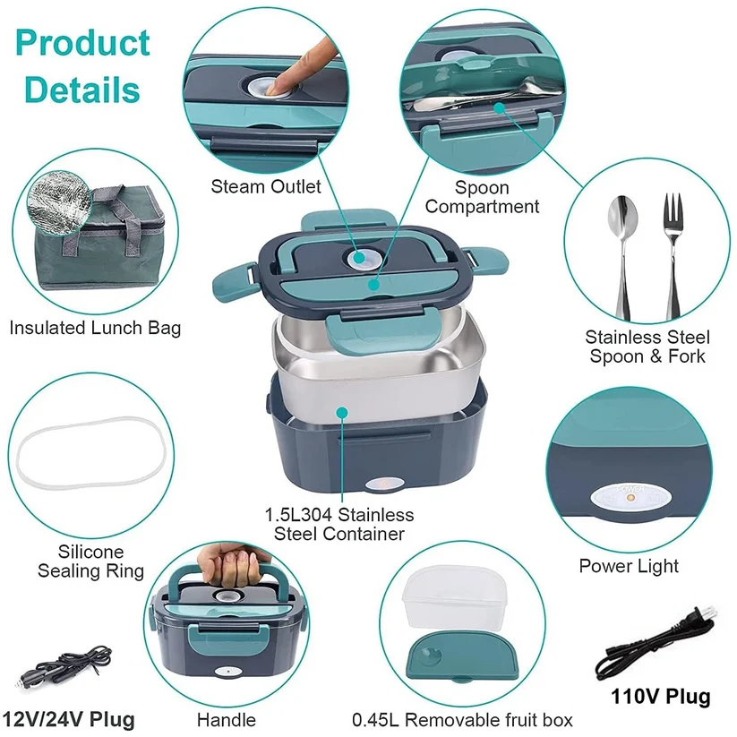 50.72oz Portable Heating Lunch Box, Stainless Steel Food Warmer with Tray, 12V/24V/110V Dual Use Car Home Container