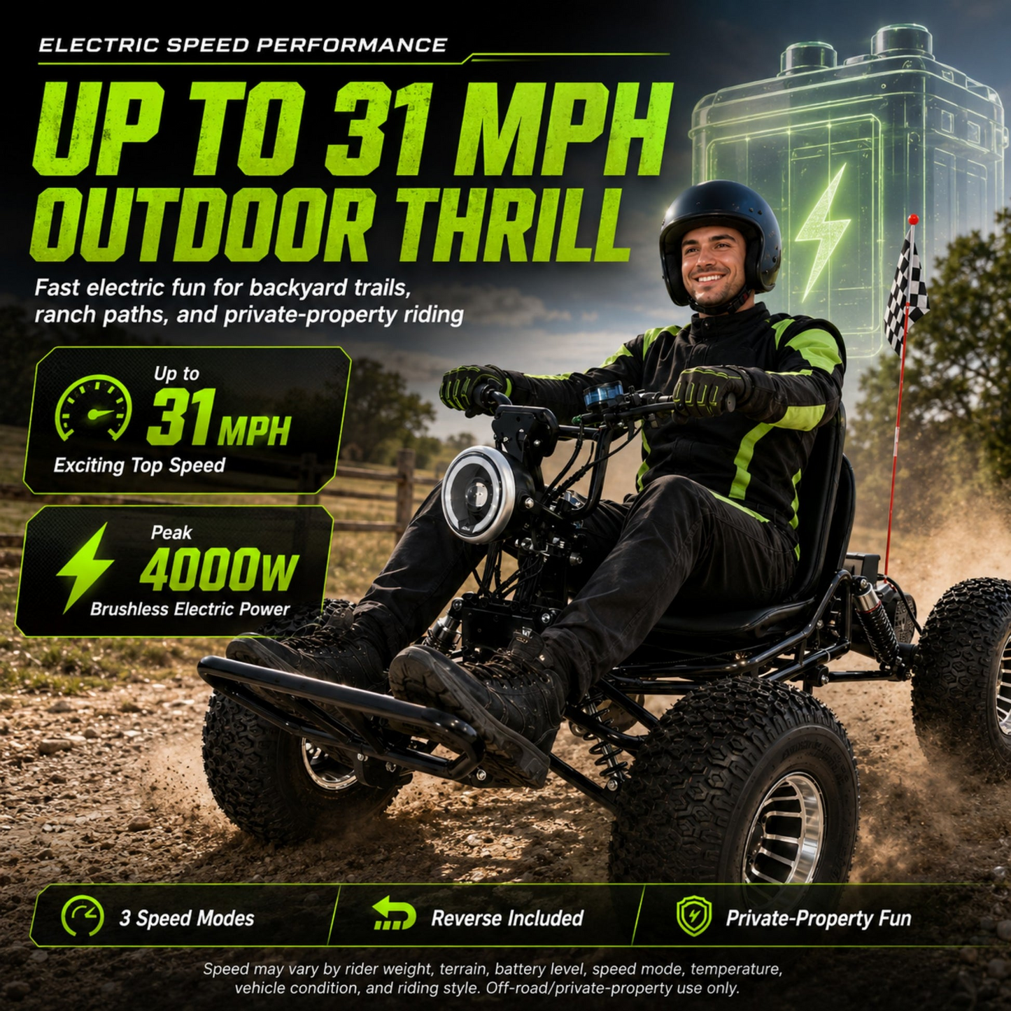 48V 20Ah Electric Off‑Road Go Kart | Peak 4000W, 31 MPH, 30‑Mile Range for Teens & Adults