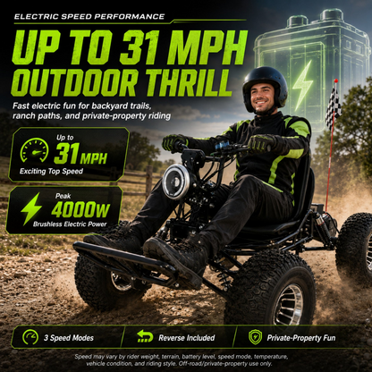 48V 20Ah Electric Off‑Road Go Kart | Peak 4000W, 31 MPH, 30‑Mile Range for Teens & Adults