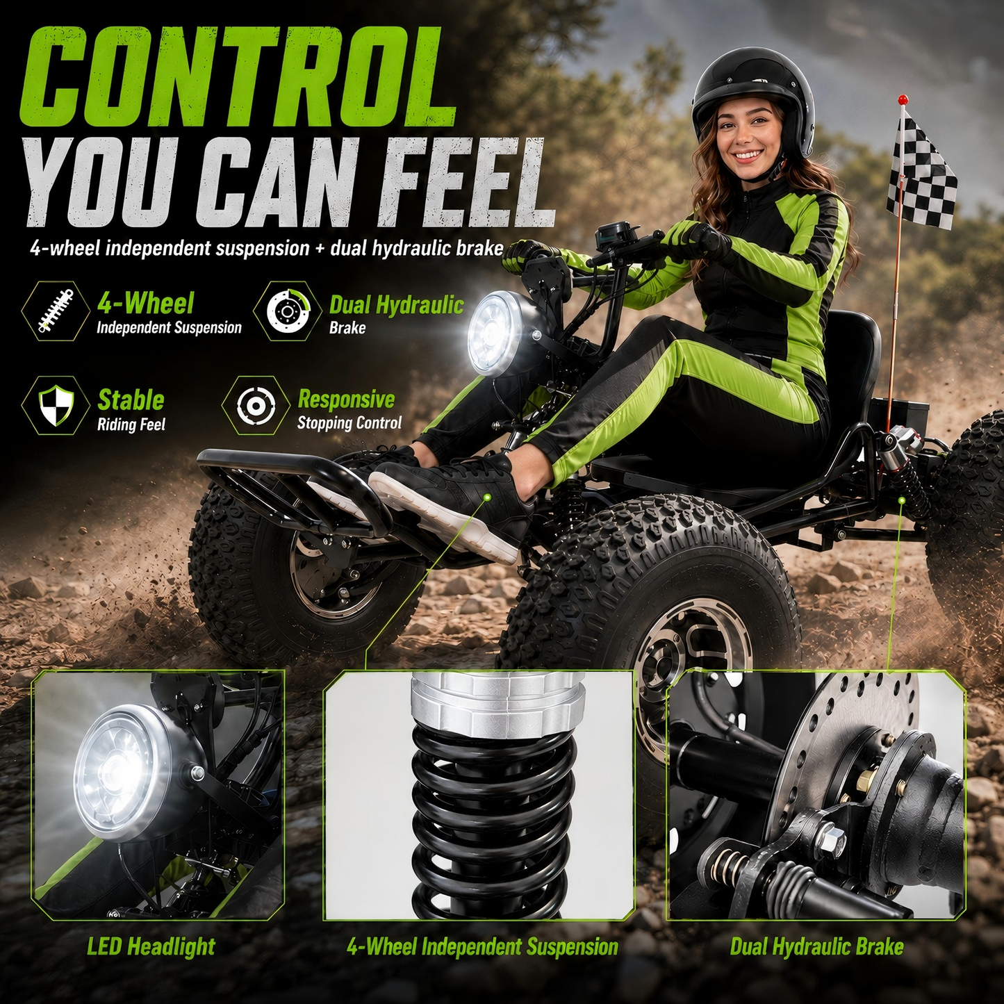 48V 20Ah Electric Off‑Road Go Kart | Peak 4000W, 31 MPH, 30‑Mile Range for Teens & Adults