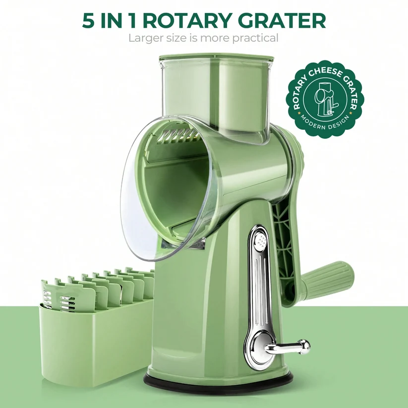 Rotary Handheld Cheese Grater 5 Blades Vegetable Mandoline Slicer with Suction Cup Base and Storage Container