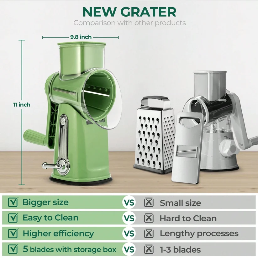 Rotary Handheld Cheese Grater 5 Blades Vegetable Mandoline Slicer with Suction Cup Base and Storage Container