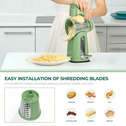 Rotary Handheld Cheese Grater 5 Blades Vegetable Mandoline Slicer with Suction Cup Base and Storage Container