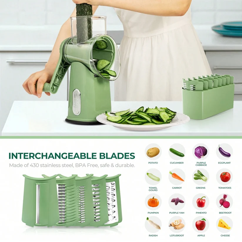 Rotary Handheld Cheese Grater 5 Blades Vegetable Mandoline Slicer with Suction Cup Base and Storage Container