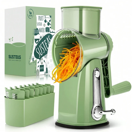 Rotary Handheld Cheese Grater 5 Blades Vegetable Mandoline Slicer with Suction Cup Base and Storage Container