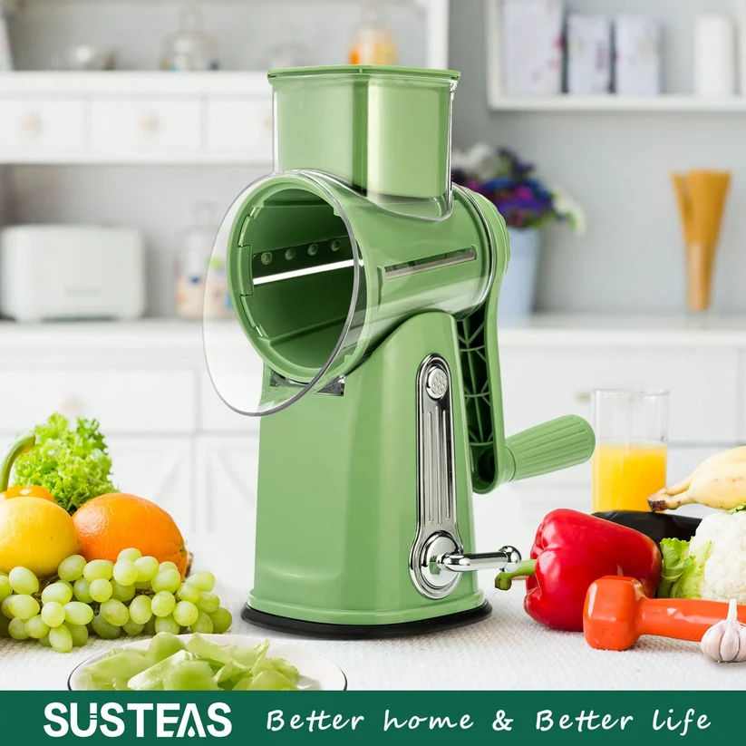 Rotary Handheld Cheese Grater 5 Blades Vegetable Mandoline Slicer with Suction Cup Base and Storage Container