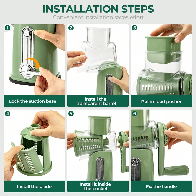 Rotary Handheld Cheese Grater 5 Blades Vegetable Mandoline Slicer with Suction Cup Base and Storage Container