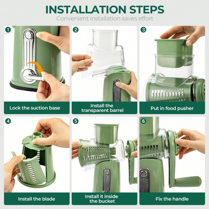 Rotary Handheld Cheese Grater 5 Blades Vegetable Mandoline Slicer with Suction Cup Base and Storage Container