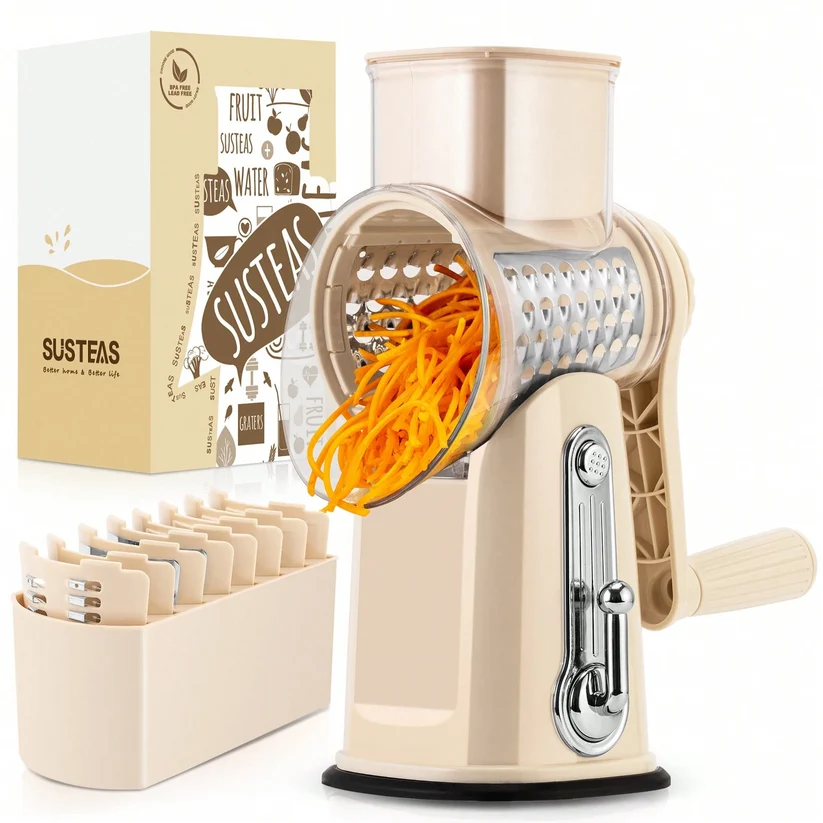 Rotary Handheld Cheese Grater 5 Blades Vegetable Mandoline Slicer with Suction Cup Base and Storage Container