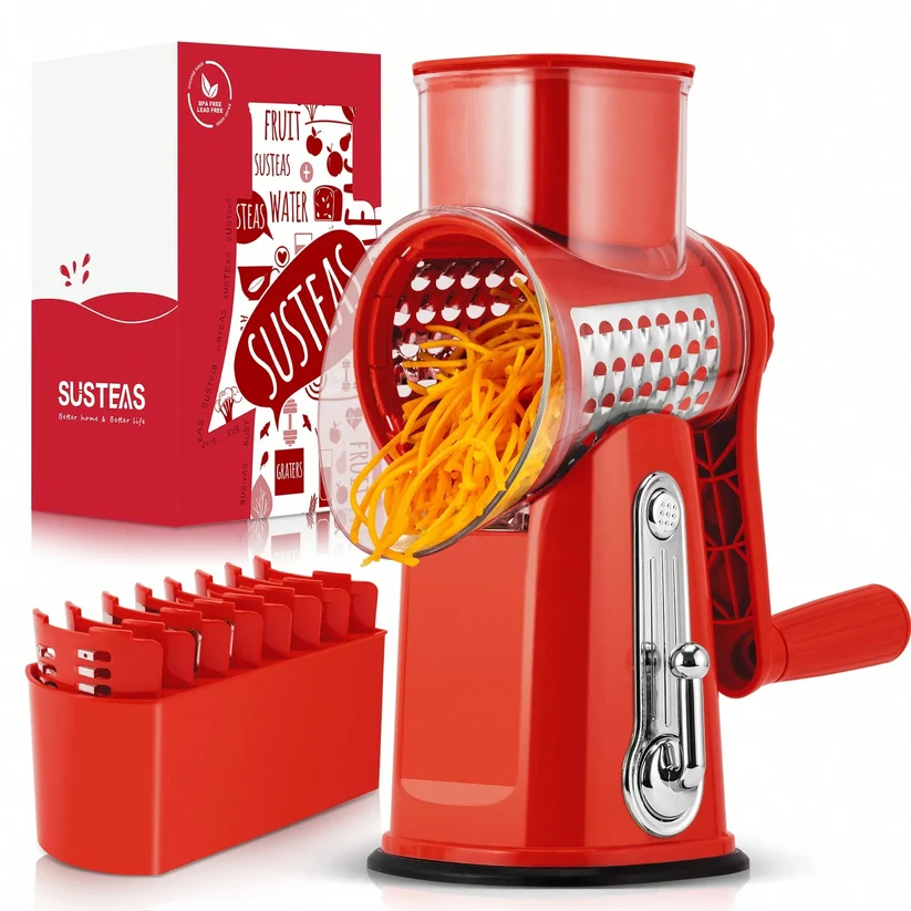 Rotary Handheld Cheese Grater 5 Blades Vegetable Mandoline Slicer with Suction Cup Base and Storage Container
