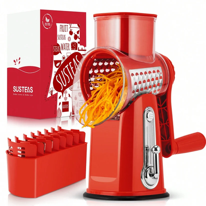 Rotary Handheld Cheese Grater 5 Blades Vegetable Mandoline Slicer with Suction Cup Base and Storage Container