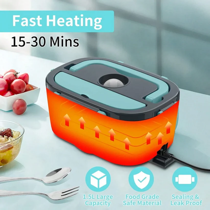 50.72oz Portable Heating Lunch Box, Stainless Steel Food Warmer with Tray, 12V/24V/110V Dual Use Car Home Container