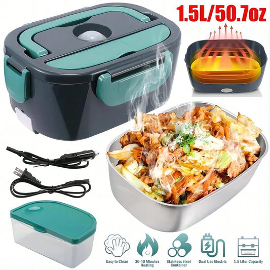 50.72oz Portable Heating Lunch Box, Stainless Steel Food Warmer with Tray, 12V/24V/110V Dual Use Car Home Container