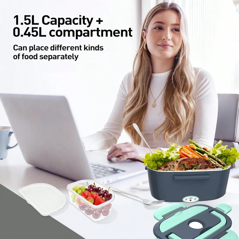 50.72oz Portable Heating Lunch Box, Stainless Steel Food Warmer with Tray, 12V/24V/110V Dual Use Car Home Container